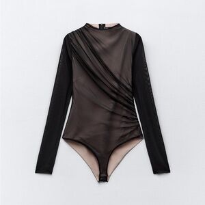 Zara Black Sheer Draped Bodysuit